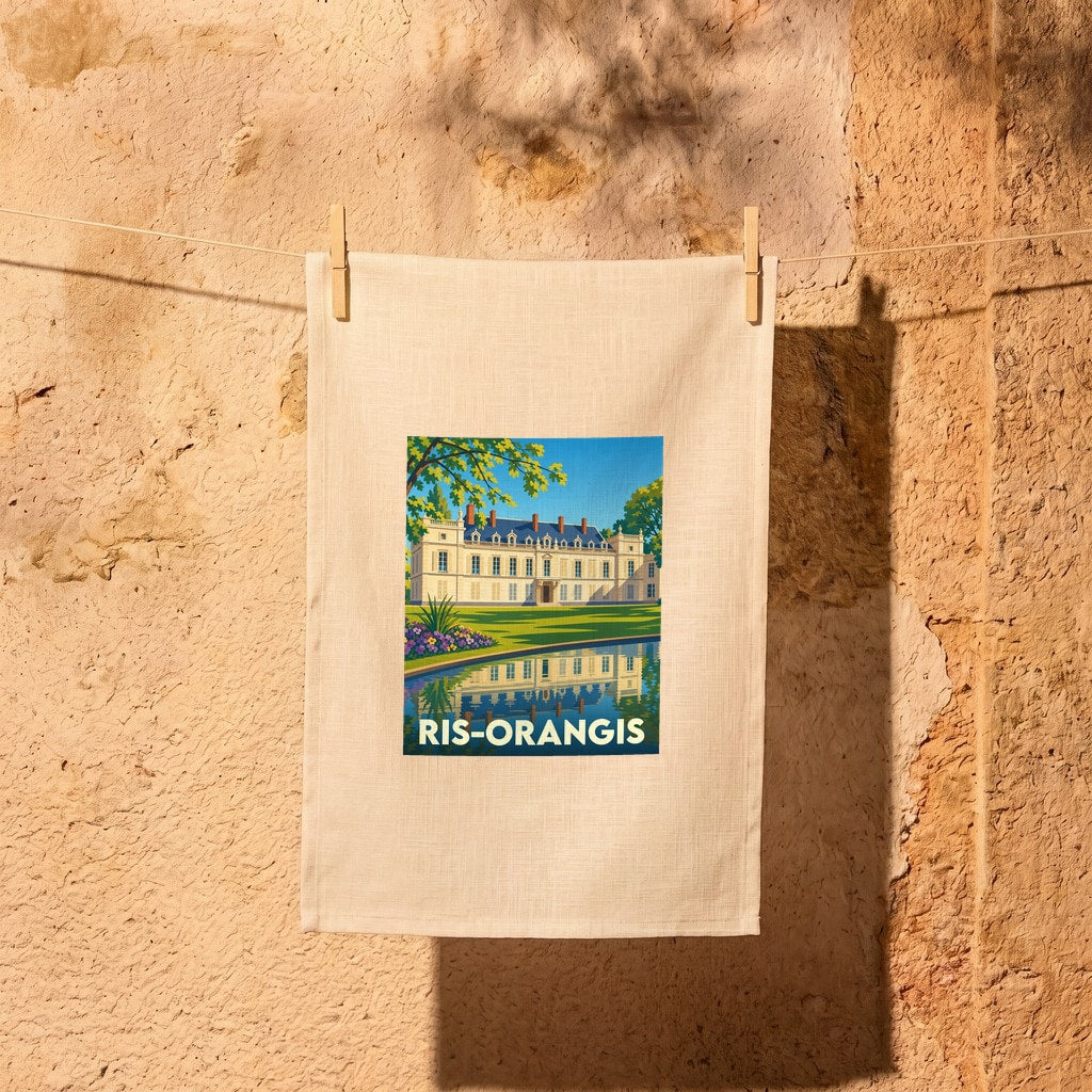 Torchon souvenir de la ville de Ris-Orangis avec une illustration stylisée de château se reflétant dans l'eau.