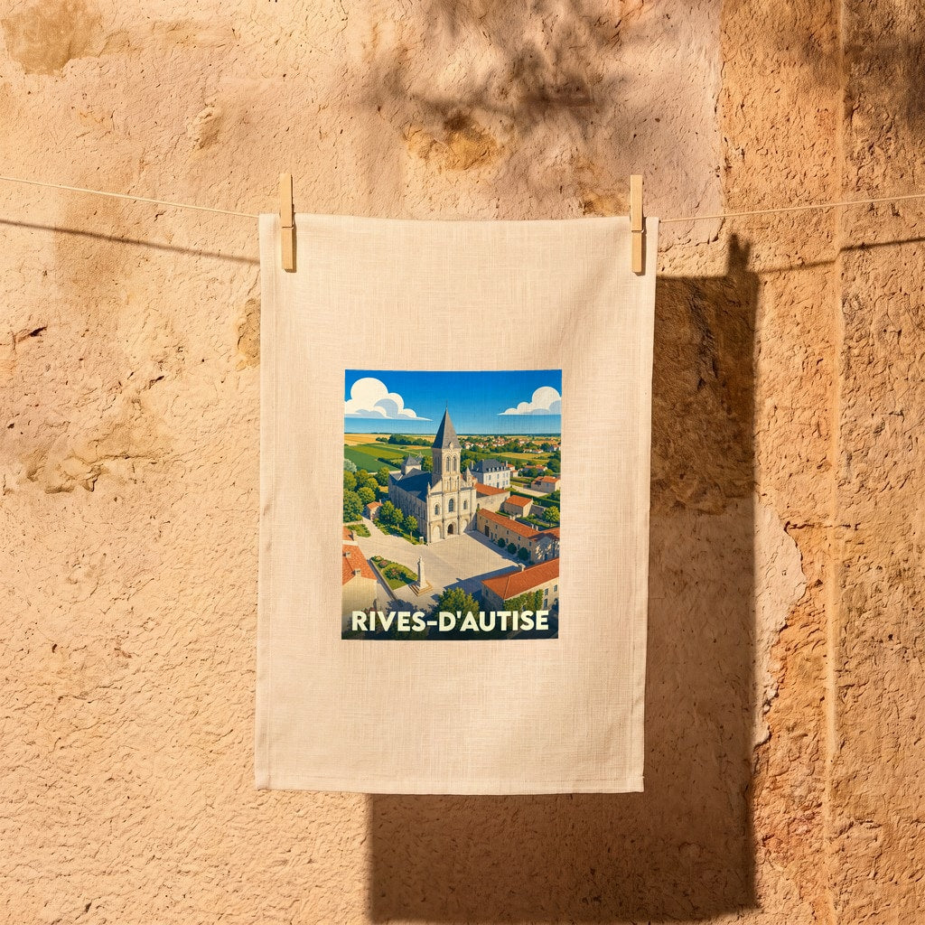 Torchon souvenir de la ville de Rives-d'Autise avec une illustration stylisée d'un paysage urbain historique.