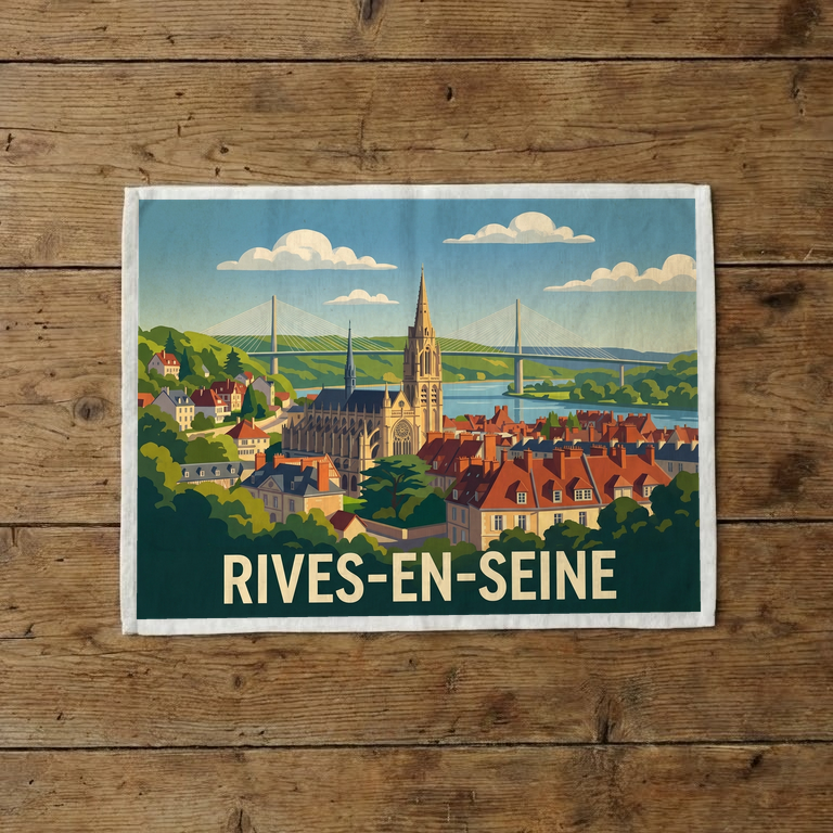 Torchon souvenir de la ville de Rives-en-Seine arborant une illustration stylisée de ses monuments et paysages.