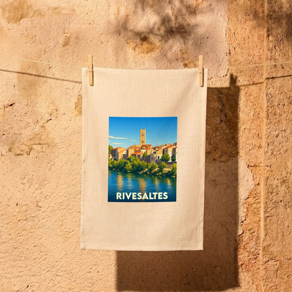 Torchon souvenir de la ville de Rivesaltes avec une illustration stylisée d'un paysage urbain au bord de l'eau.