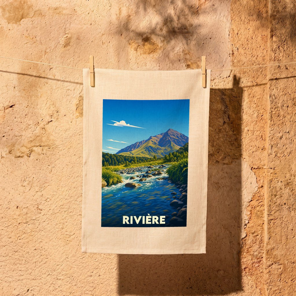 Torchon souvenir de la ville de Rivière illustré d'un paysage de montagne et de cours d'eau stylisé.