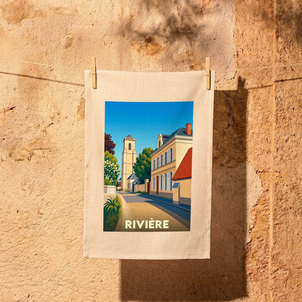 Torchon souvenir de la ville de Rivière avec une illustration stylisée.