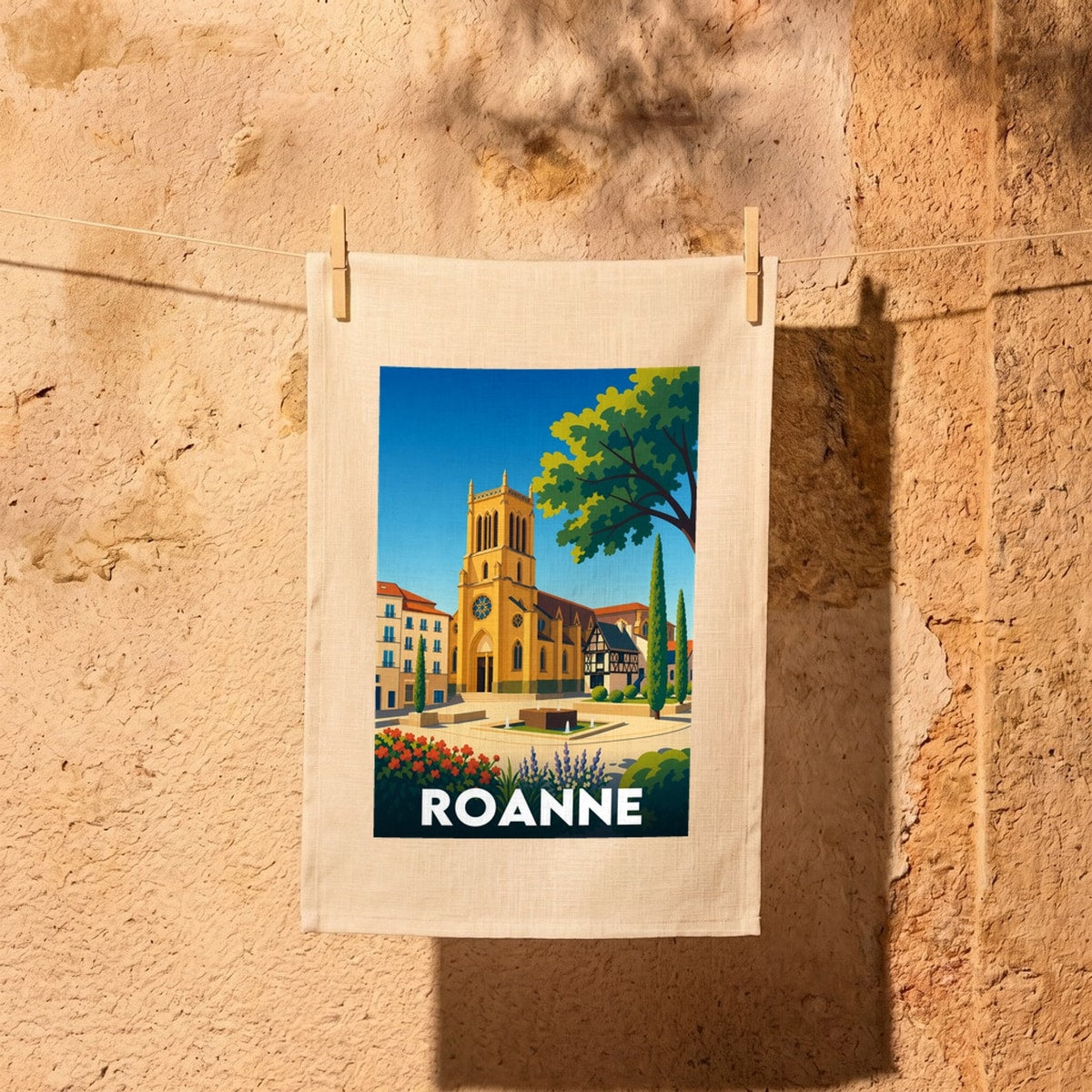 Torchon souvenir de la ville de Roanne avec une illustration stylisée de ses monuments historiques.