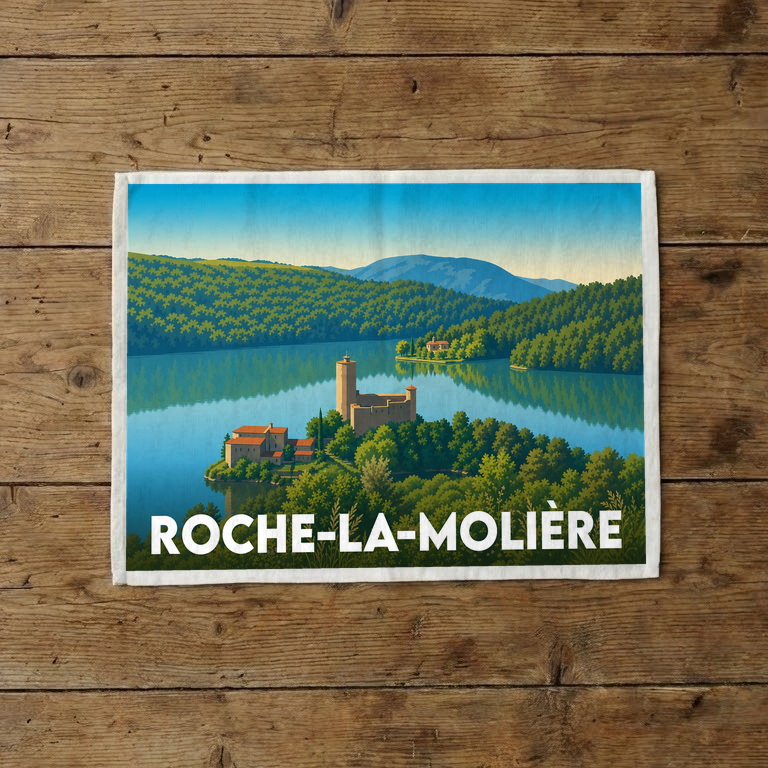 Torchon souvenir de la ville de Roche-la-Molière avec une illustration stylisée de son château au bord de l'eau.