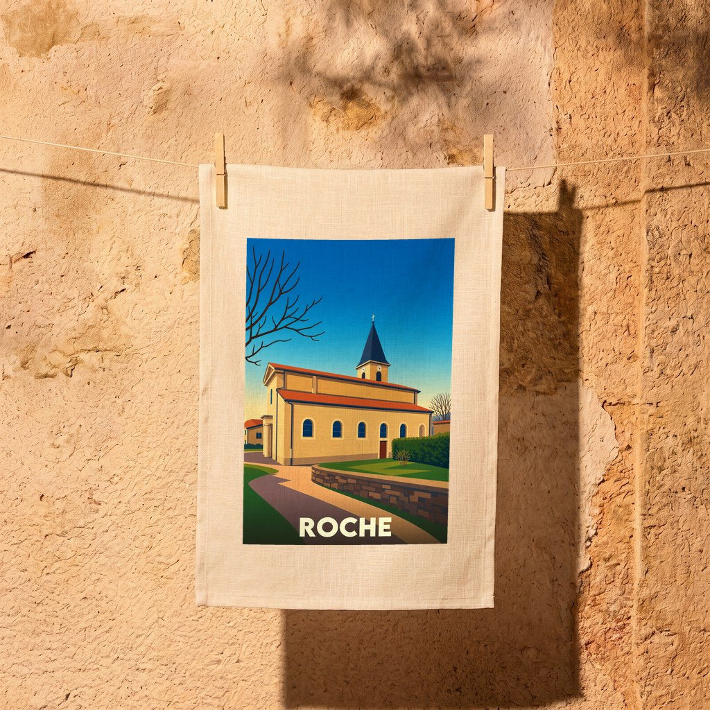 Torchon souvenir de la ville de Roche avec une illustration stylisée de son église.