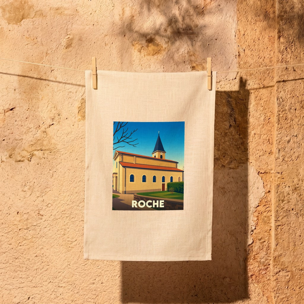 Torchon souvenir de la ville de Roche avec une illustration stylisée de son église.