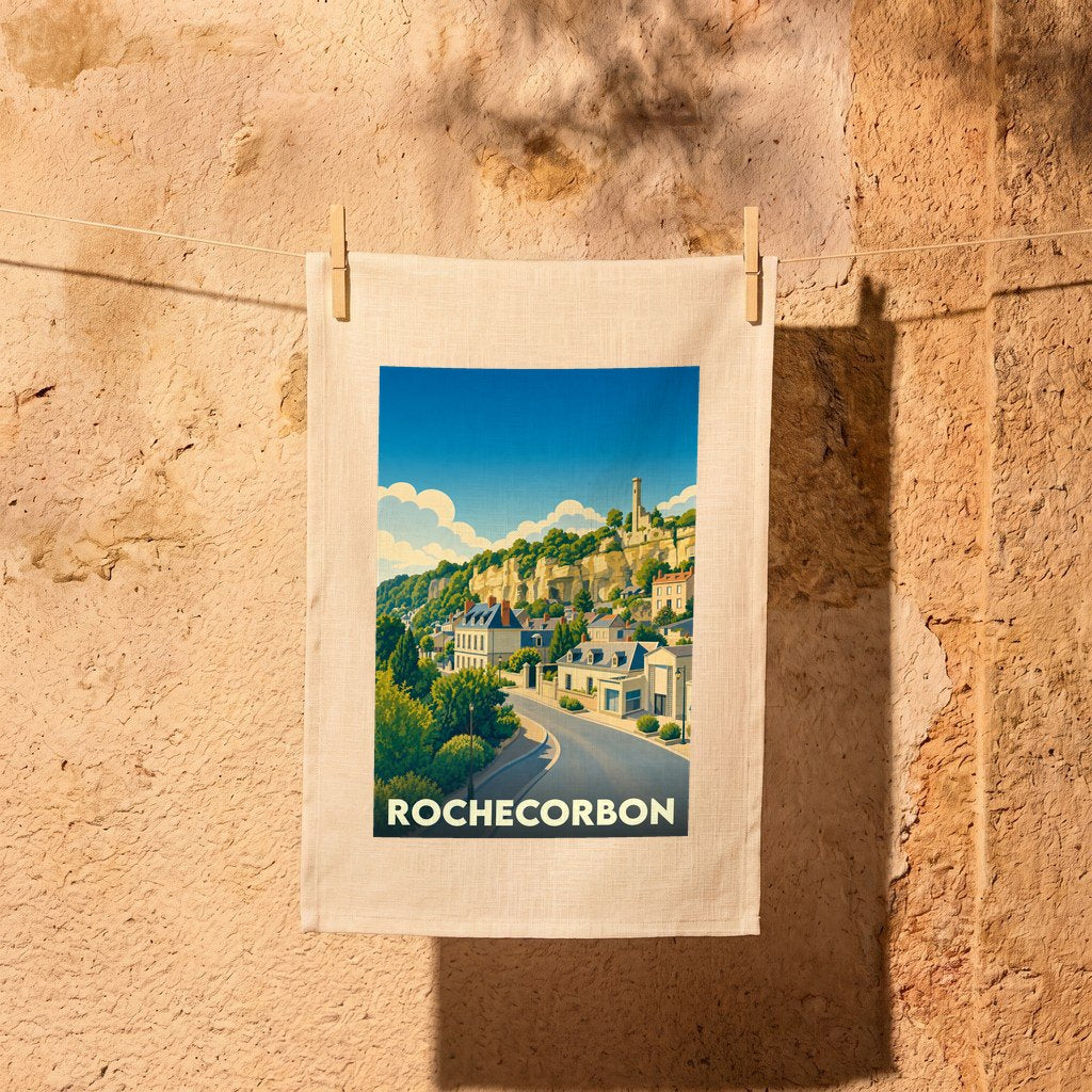 Torchon souvenir de la ville de Rochecorbon avec une illustration stylisée.
