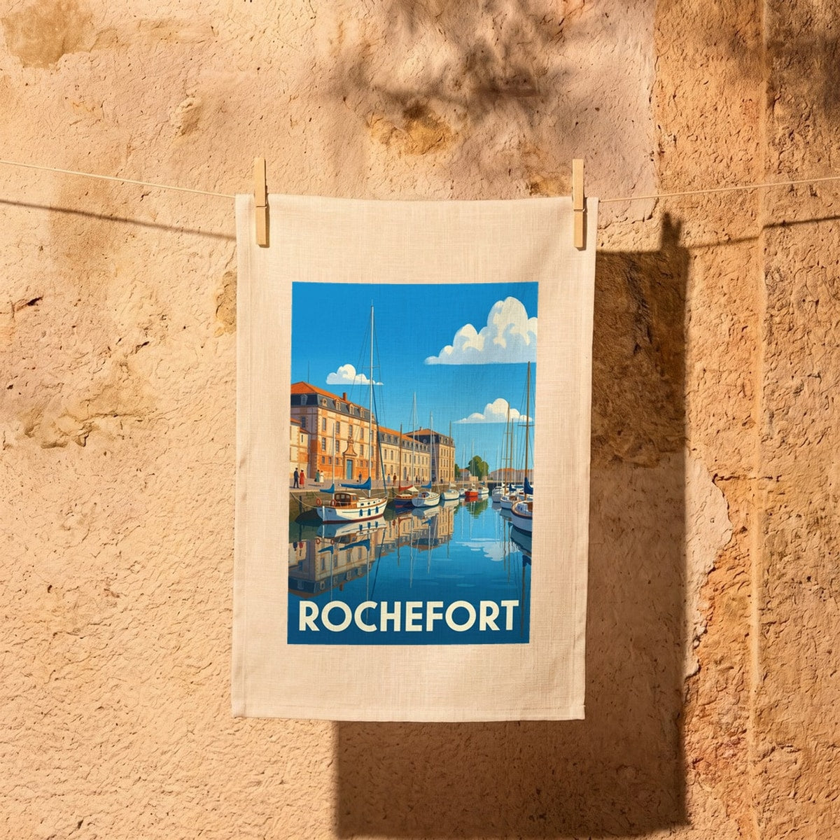 Torchon souvenir de la ville de Rochefort avec une illustration stylisée de son port de plaisance.