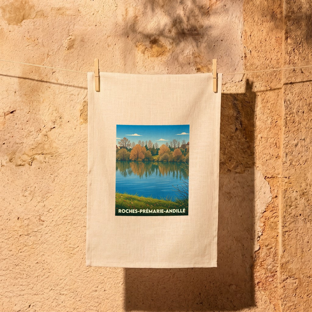 Torchon souvenir de la ville de Roches-Prémarie-Andillé avec une illustration stylisée d'un paysage de bord de l'eau.