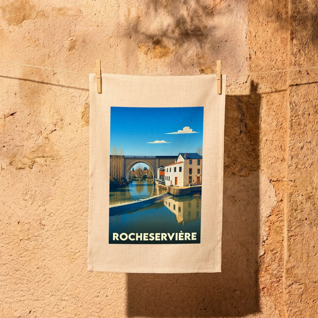 Torchon souvenir de la ville de Rocheservière avec une illustration stylisée d'un pont et d'un moulin au bord de l'eau.