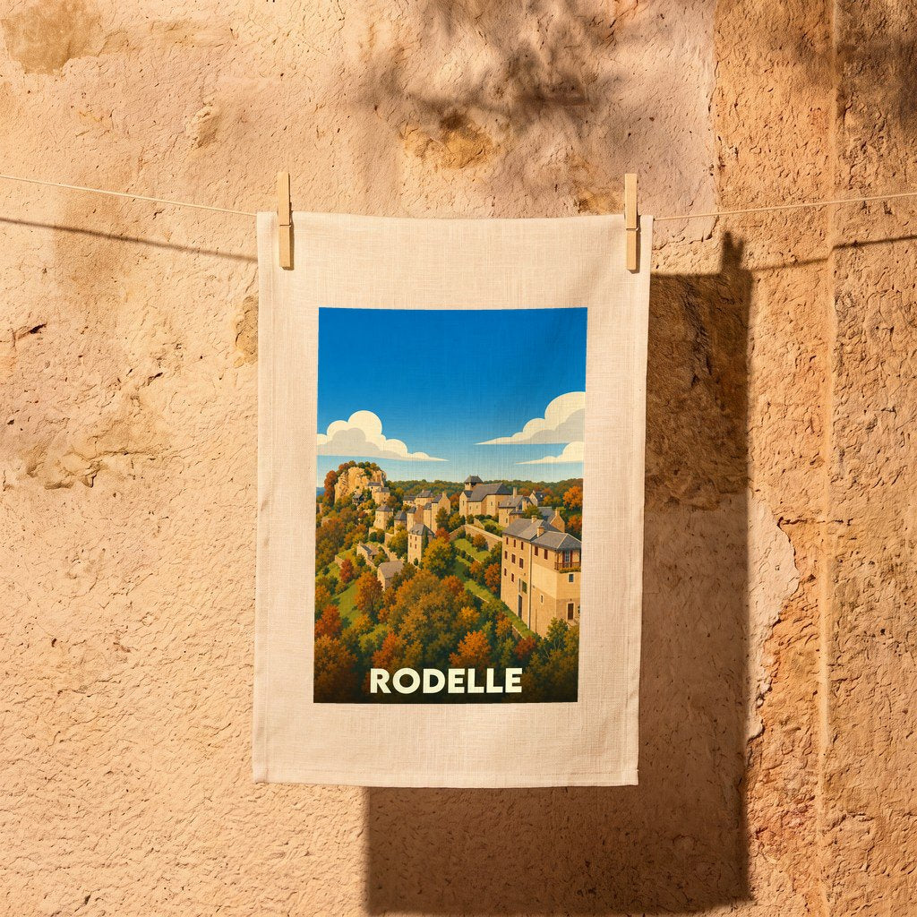 Torchon souvenir de la ville de Rodelle avec une illustration stylisée de son paysage vallonné.