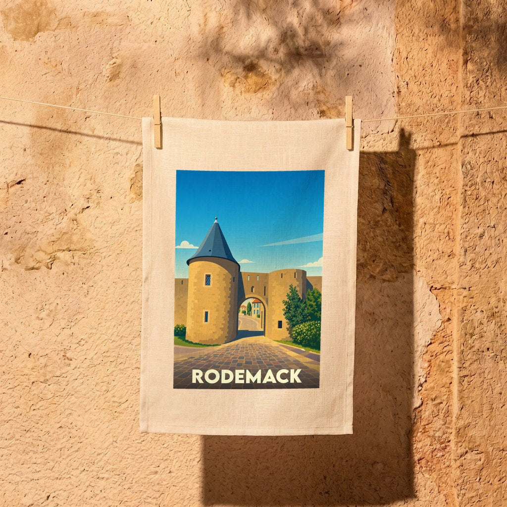 Torchon souvenir de la ville de Rodemack avec une illustration stylisée de ses fortifications.