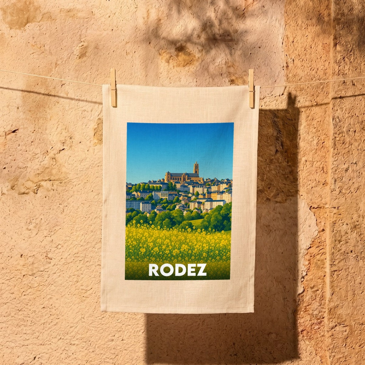 Torchon souvenir de la ville de Rodez avec une illustration stylisée du paysage urbain.