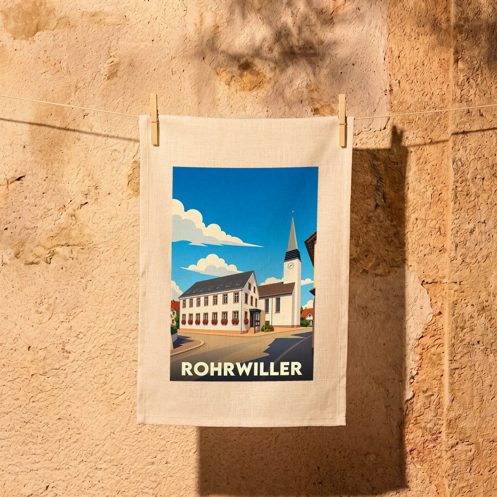 Torchon souvenir de la ville de Rohrwiller avec une illustration stylisée.