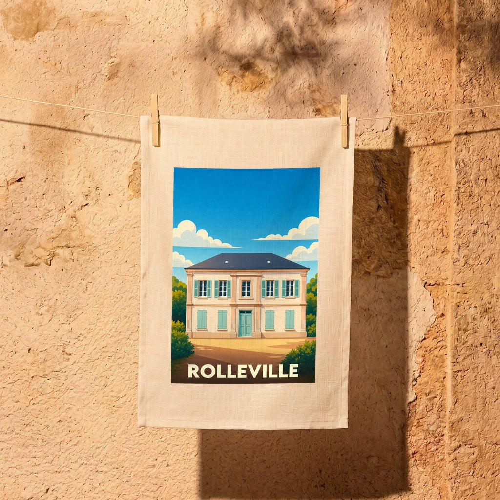 Torchon souvenir de la ville de Rolleville avec une illustration stylisée d'une maison de maître.
