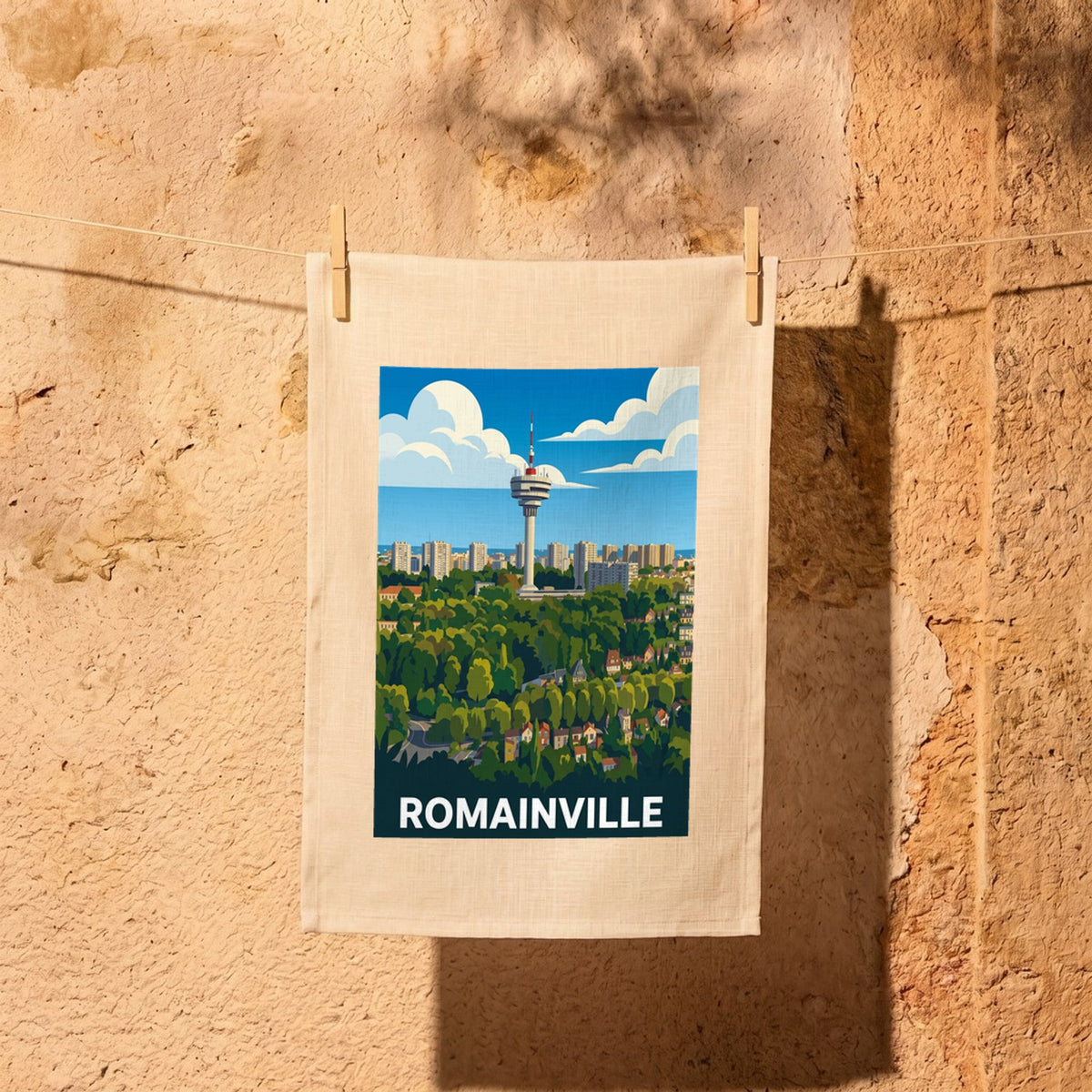 Torchon souvenir de la ville de Romainville avec une illustration stylisée de son paysage urbain et de sa tour.