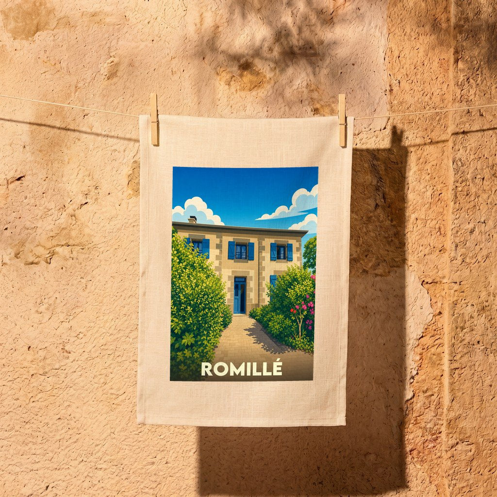 Torchon souvenir de la ville de Romillé avec une illustration stylisée d'une maison en pierre aux volets bleus.