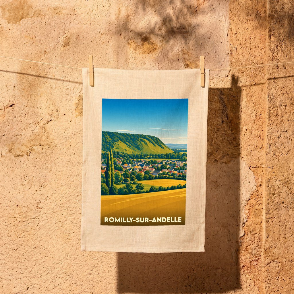 Torchon souvenir de la ville de Romilly-sur-Andelle avec une illustration stylisée de son paysage.