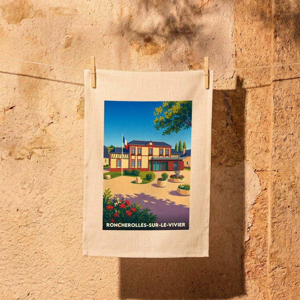 Torchon souvenir de la ville de Roncherolles-sur-le-Vivier avec une illustration colorée de sa mairie.