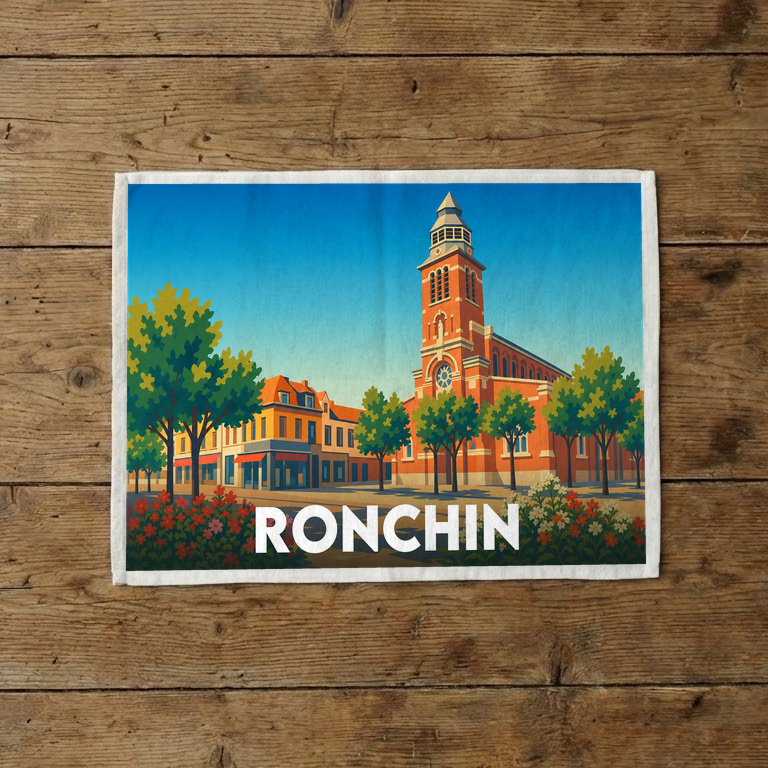 Torchon souvenir de la ville de Ronchin avec une illustration stylisée de son architecture locale.