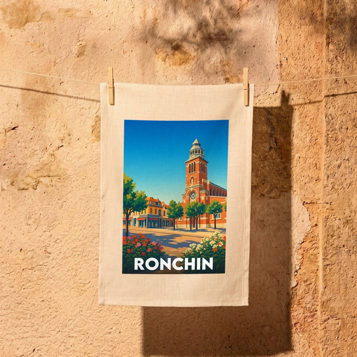 Torchon souvenir de la ville de Ronchin avec une illustration stylisée de son architecture locale.