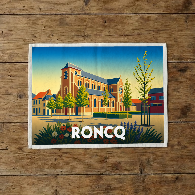 Torchon souvenir de la ville de Roncq avec une illustration stylisée de son église.