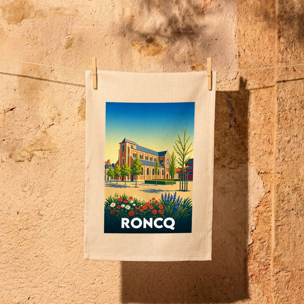 Torchon souvenir de la ville de Roncq avec une illustration stylisée de son église.
