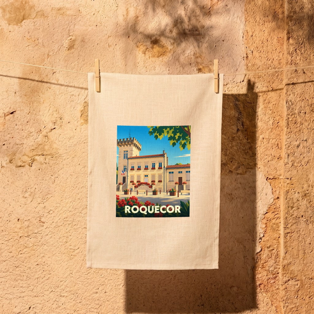 Torchon souvenir de la ville de Roquecor avec une illustration stylisée.