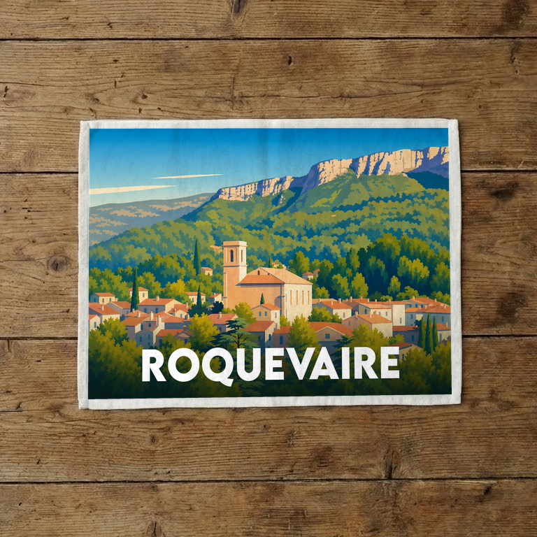 Torchon souvenir de la ville de Roquevaire avec une illustration stylisée.
