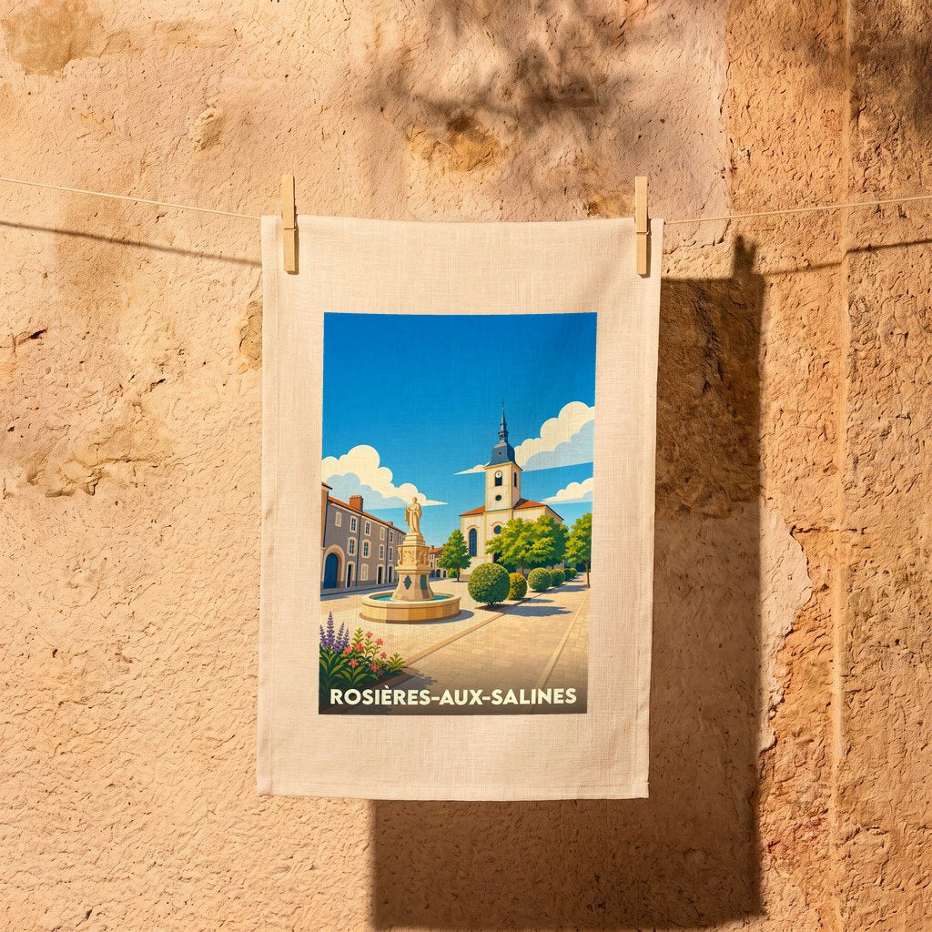 Torchon souvenir de la ville de Rosières-aux-Salines avec une illustration stylisée.