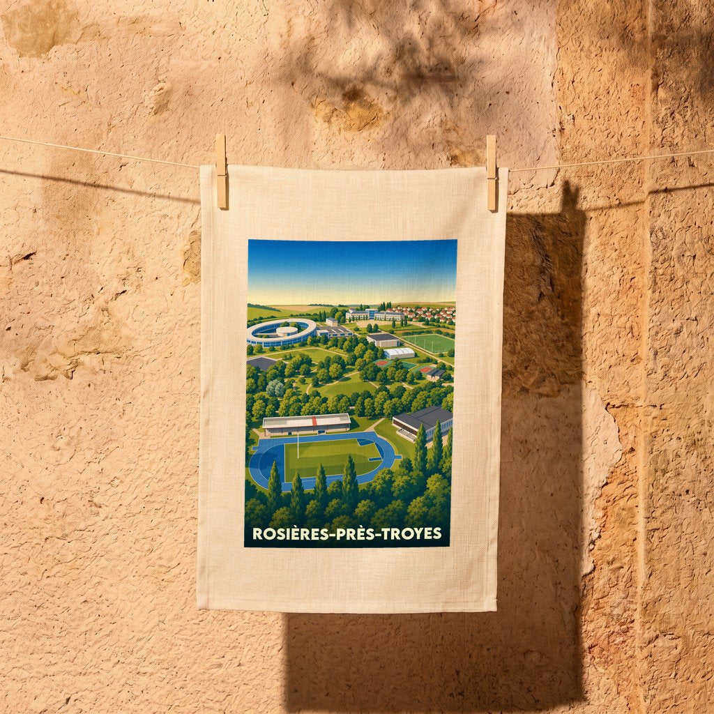 Torchon souvenir de la ville de Rosières-près-Troyes avec une illustration stylisée.