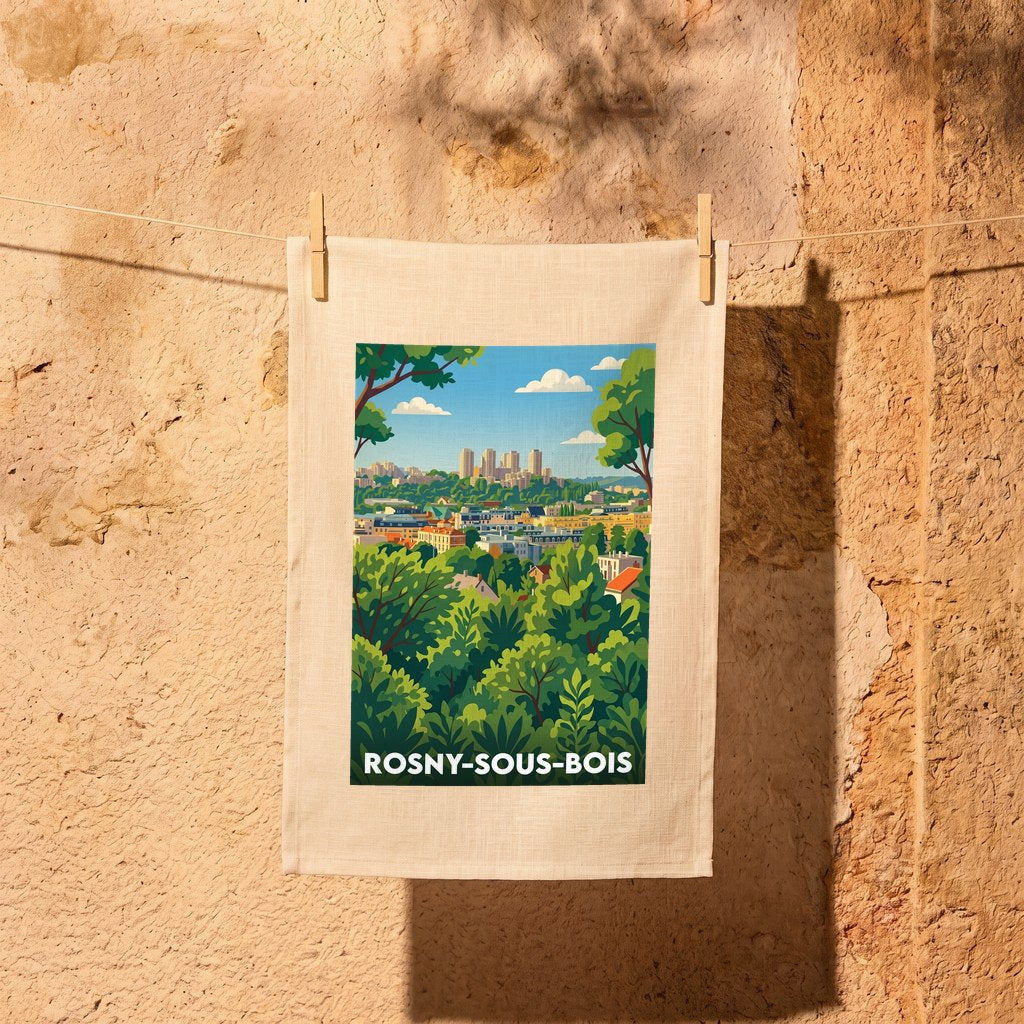 Torchon souvenir de la ville de Rosny-sous-Bois avec une illustration paysagère stylisée.