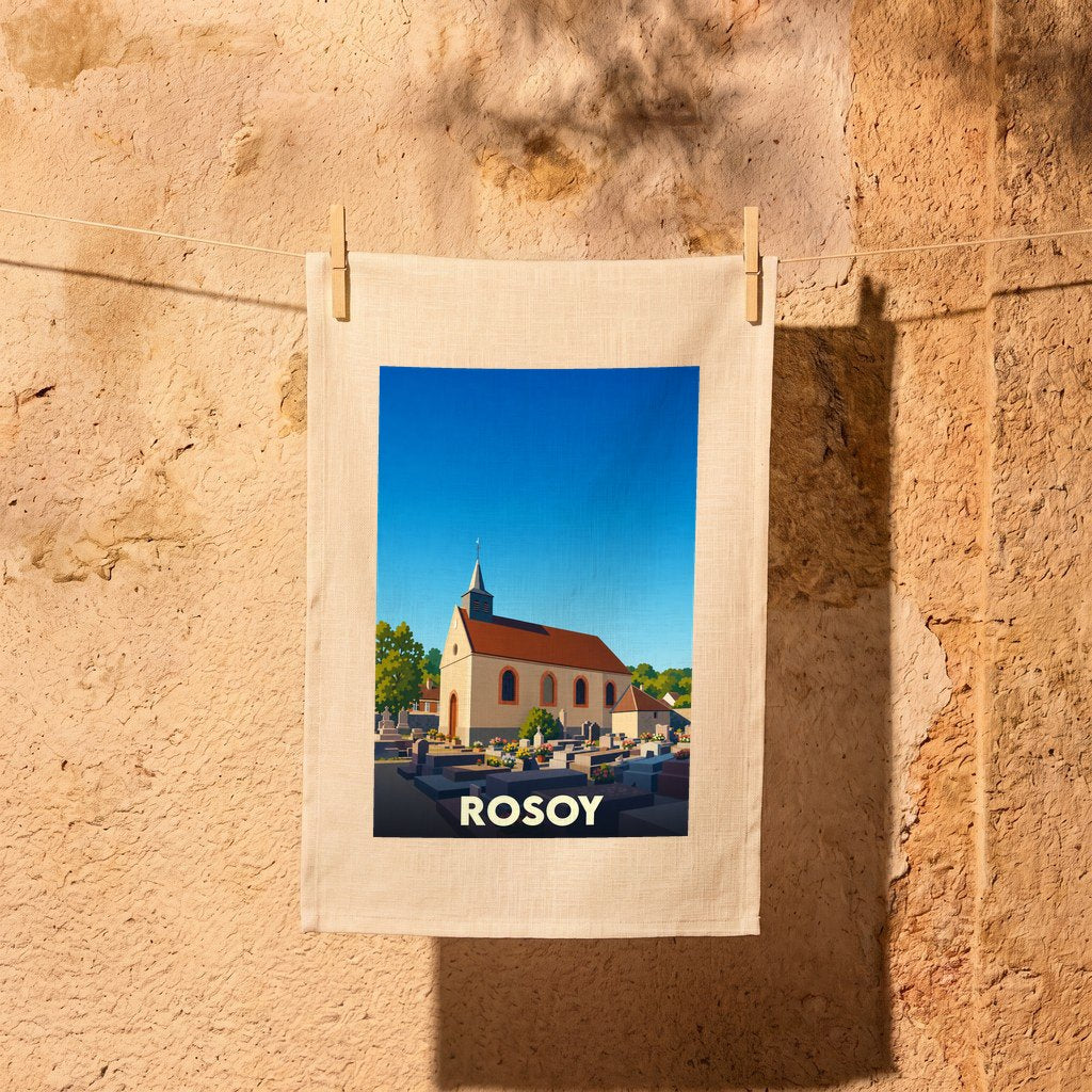 Torchon souvenir de la ville de Rosoy avec une illustration stylisée de son église et de son cimetière.