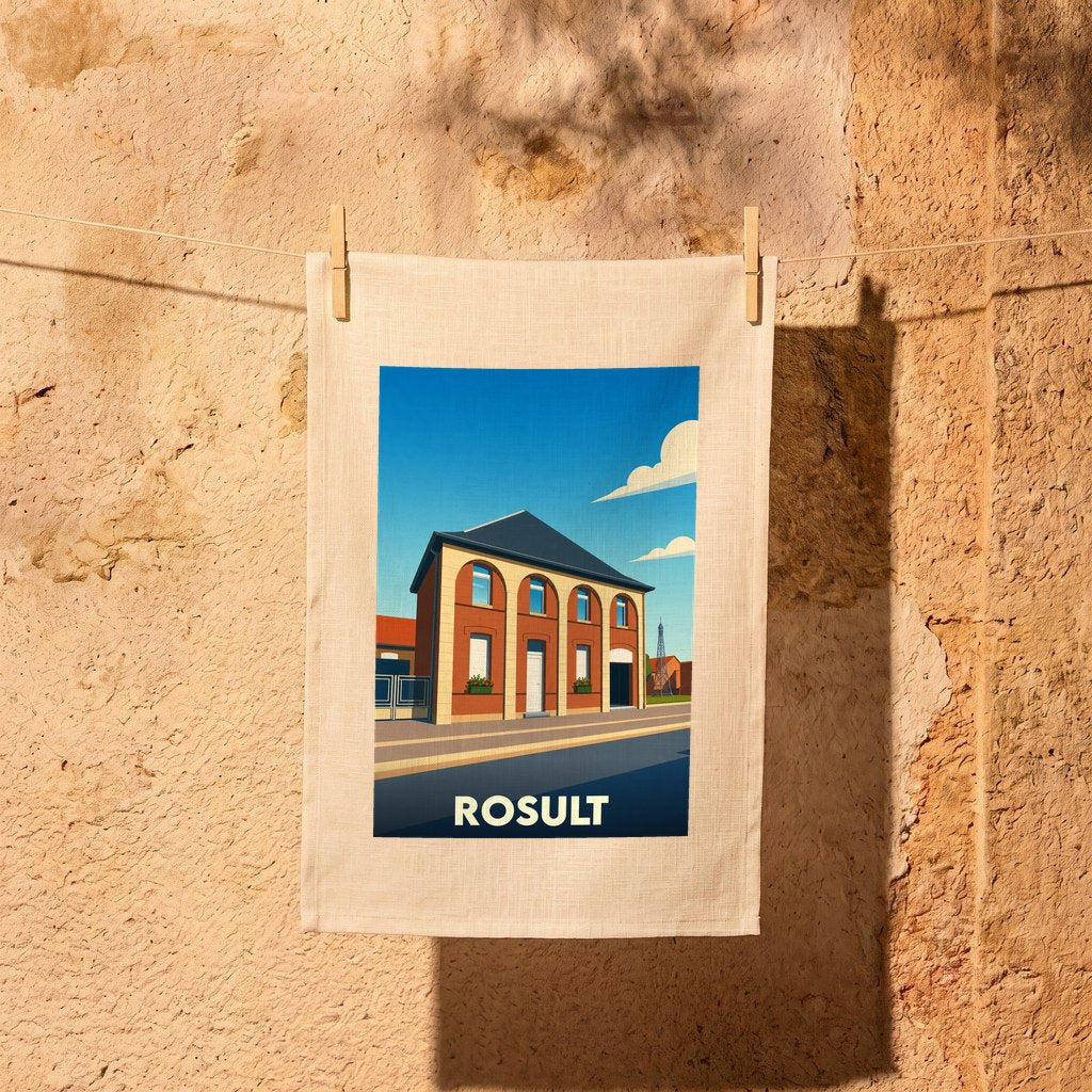 Torchon souvenir de la ville de Rosult avec une illustration stylisée.