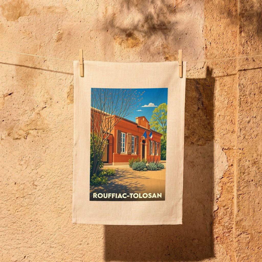 Torchon souvenir de la ville de Rouffiac-Tolosan avec une illustration stylisée.