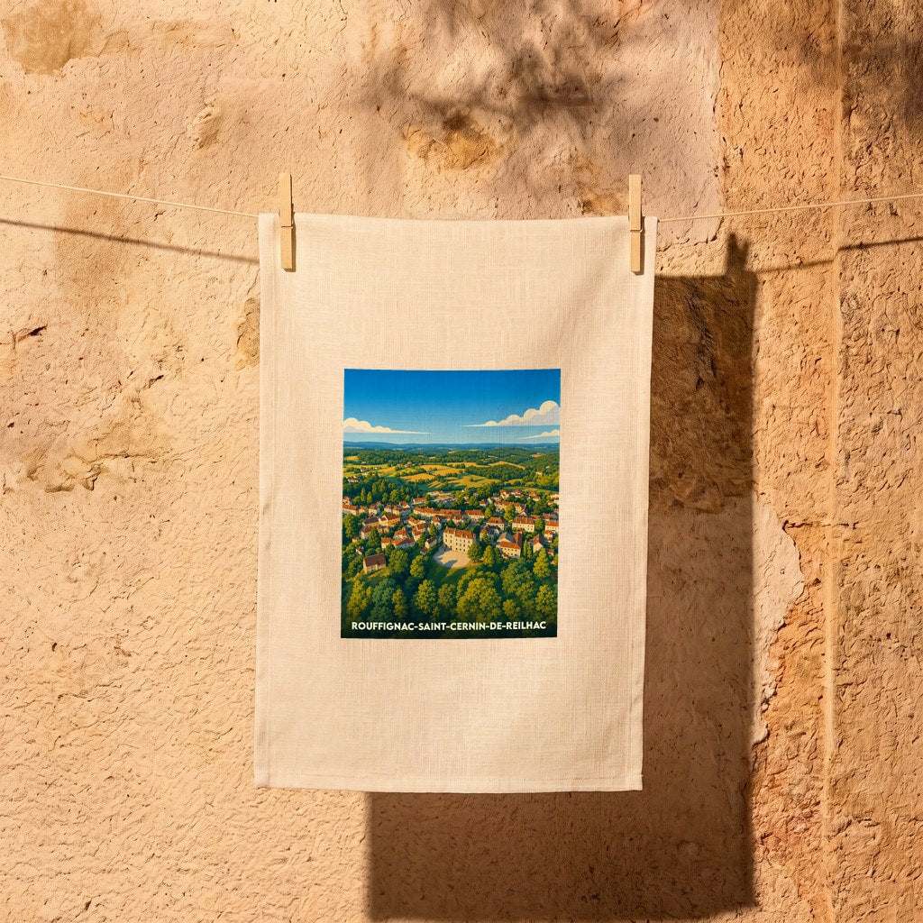 Torchon souvenir de la ville de Rouffignac-Saint-Cernin-de-Reilhac illustré par une vue aérienne stylisée.