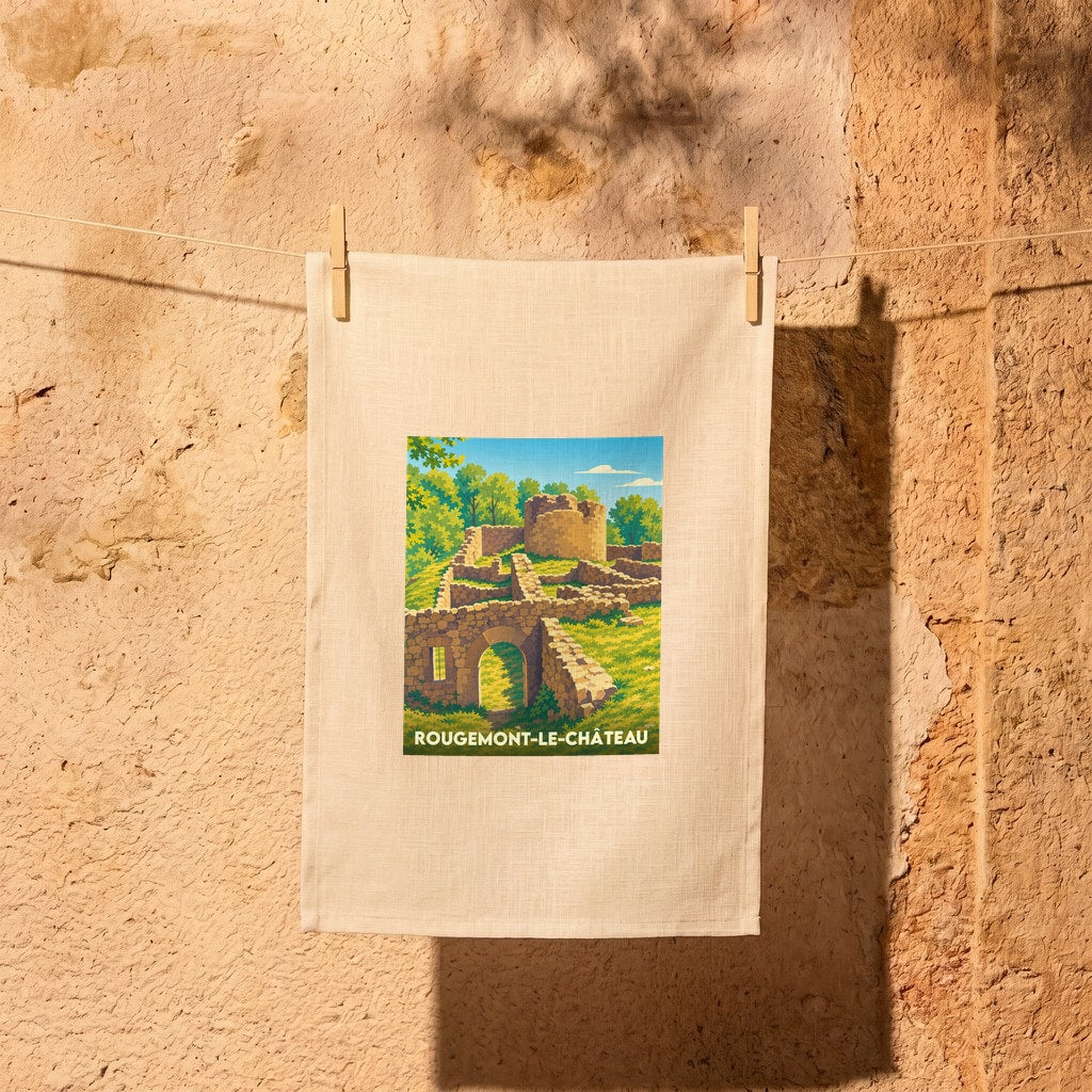 Torchon souvenir de la ville de Rougemont-le-Château avec une illustration stylisée de ses ruines médiévales.