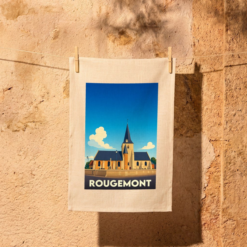 Torchon souvenir de la ville de Rougemont avec une illustration stylisée de son église.