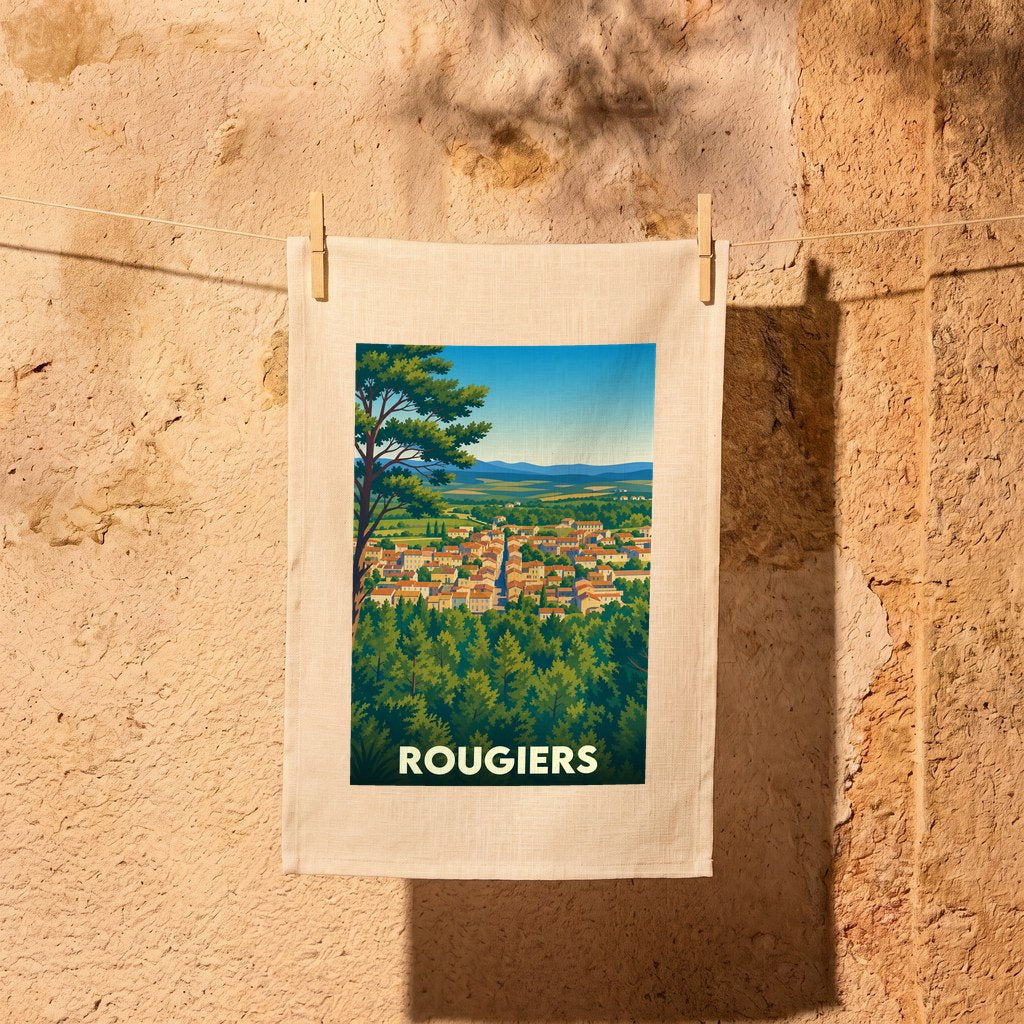 Torchon souvenir de la ville de Rougiers avec une illustration stylisée d'un paysage provençal.