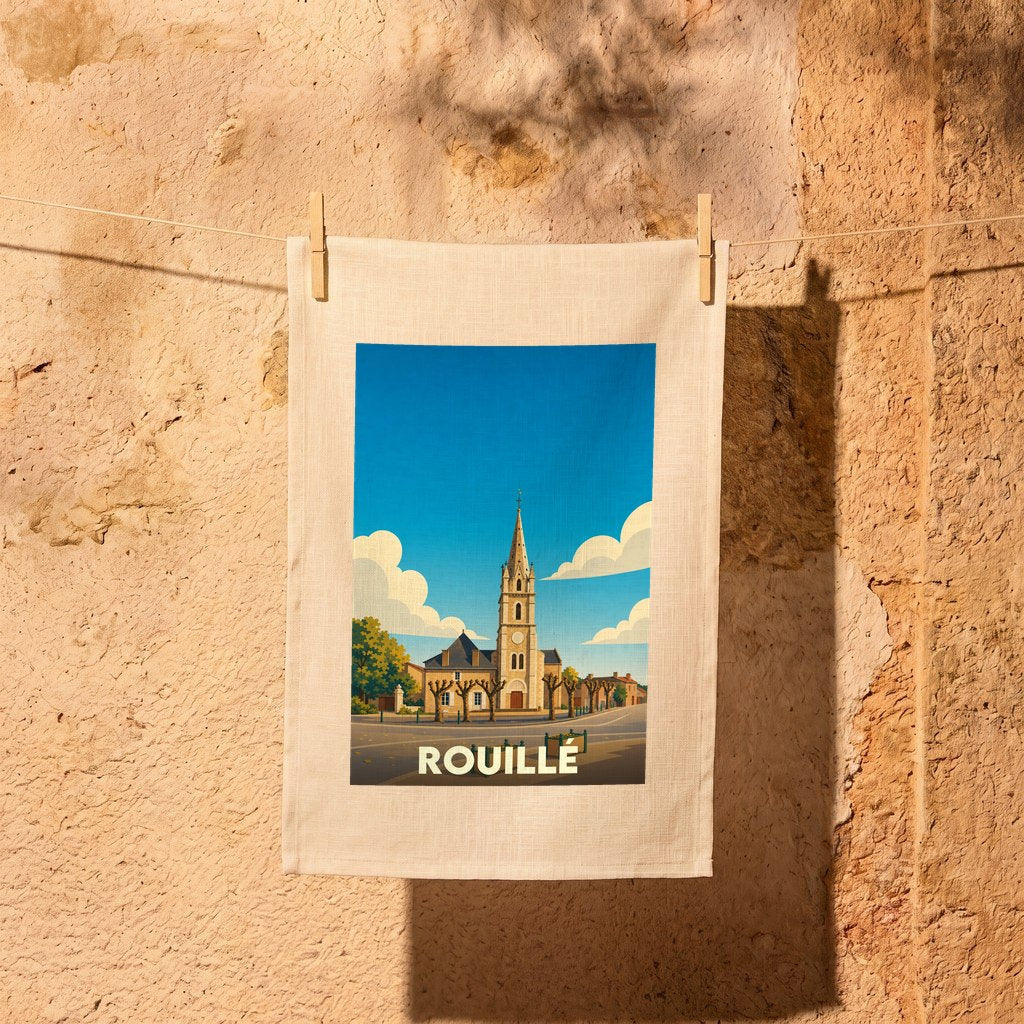 Torchon souvenir de la ville de Rouillé avec une illustration stylisée de son église sous un ciel bleu.