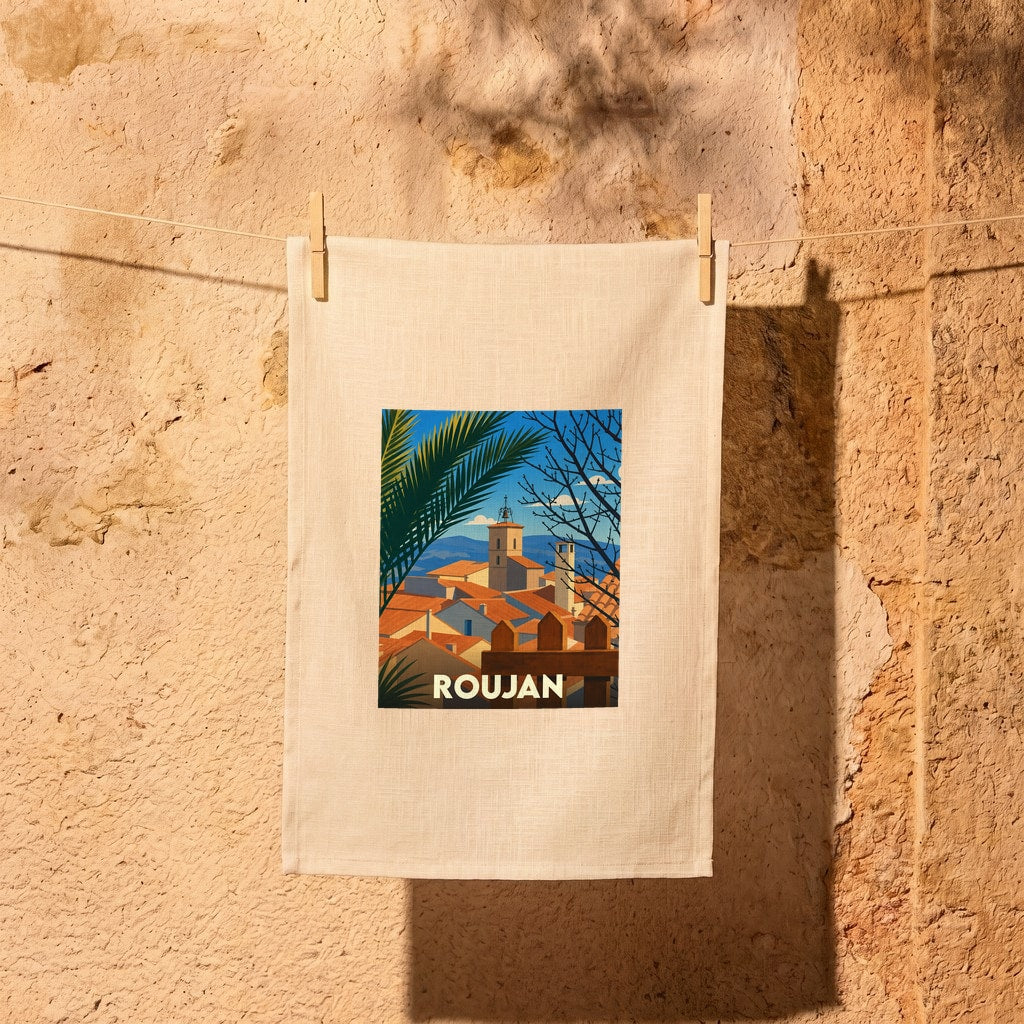 Torchon souvenir de la ville de Roujan avec une illustration stylisée d'un paysage urbain méditerranéen.