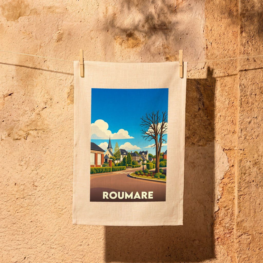 Torchon souvenir de la ville de Roumare orné d'une illustration stylisée de ses rues et de son clocher.