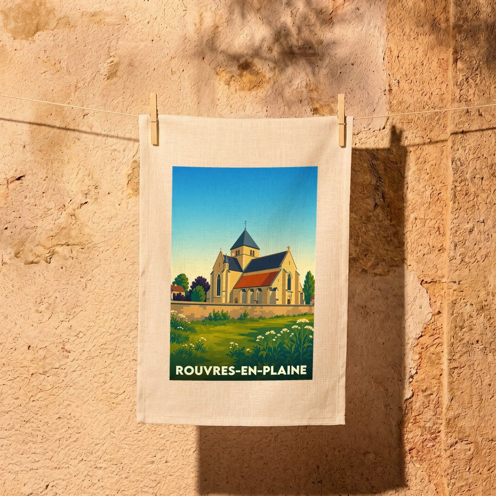 Torchon souvenir de la ville de Rouvres-en-Plaine avec une illustration stylisée de son église.