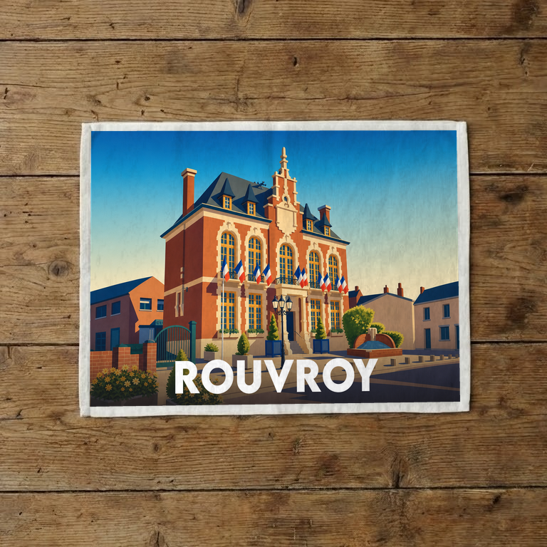 Torchon souvenir de la ville de Rouvroy avec une illustration stylisée de son hôtel de ville sous un ciel bleu.