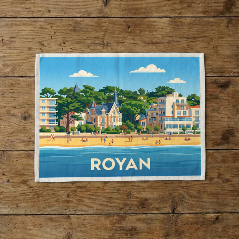Torchon souvenir de la ville de Royan avec une illustration stylisée de sa plage et de son architecture.