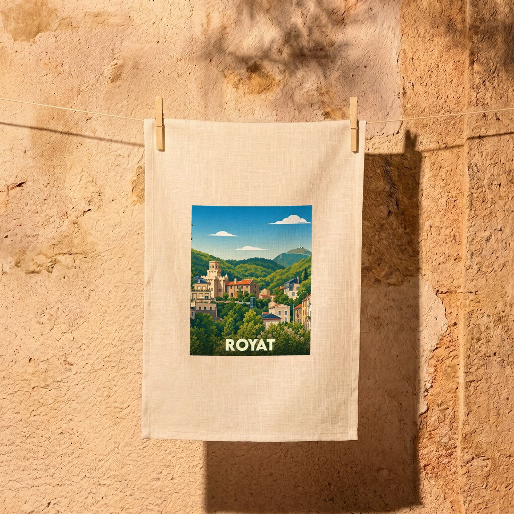 Torchon souvenir de la ville de Royat orné d'une illustration stylisée de ses paysages et bâtiments historiques.