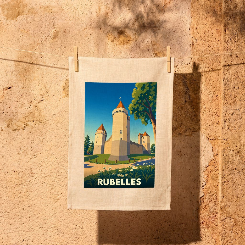 Torchon souvenir de la ville de Rubelles orné d'une illustration stylisée de son château.