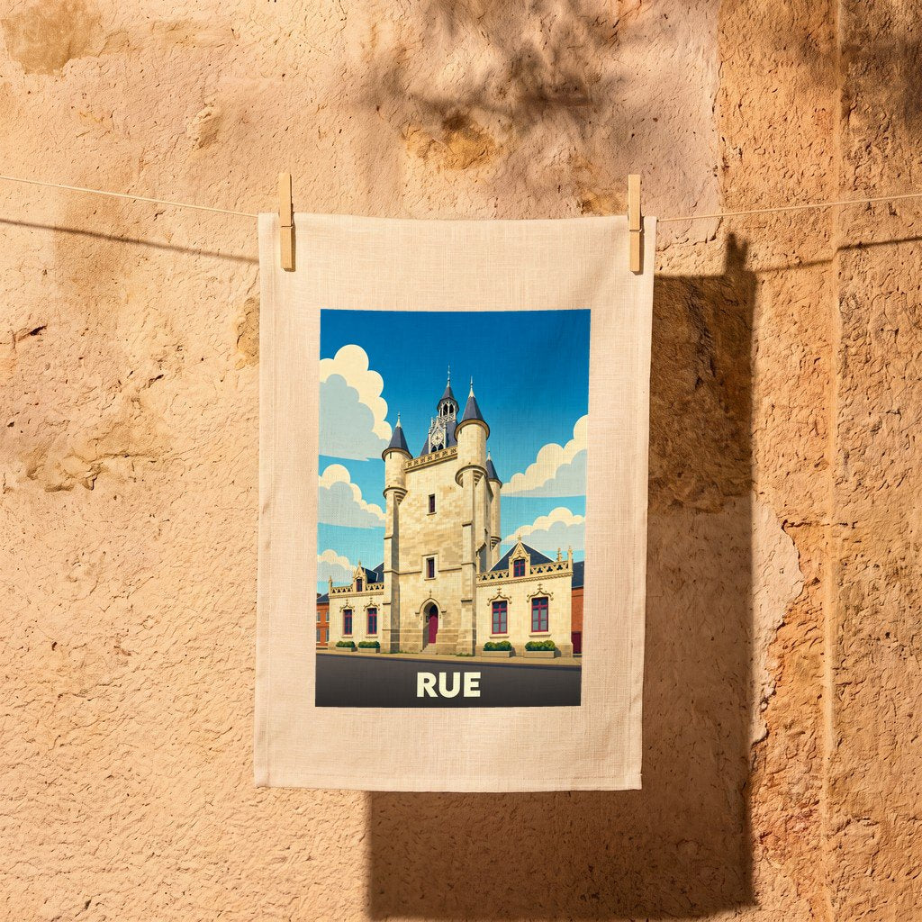 Torchon souvenir de la ville de Rue illustré d'un dessin stylisé du beffroi historique.