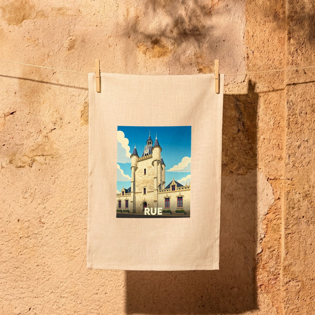Torchon souvenir de la ville de Rue illustré d'un dessin stylisé du beffroi historique.