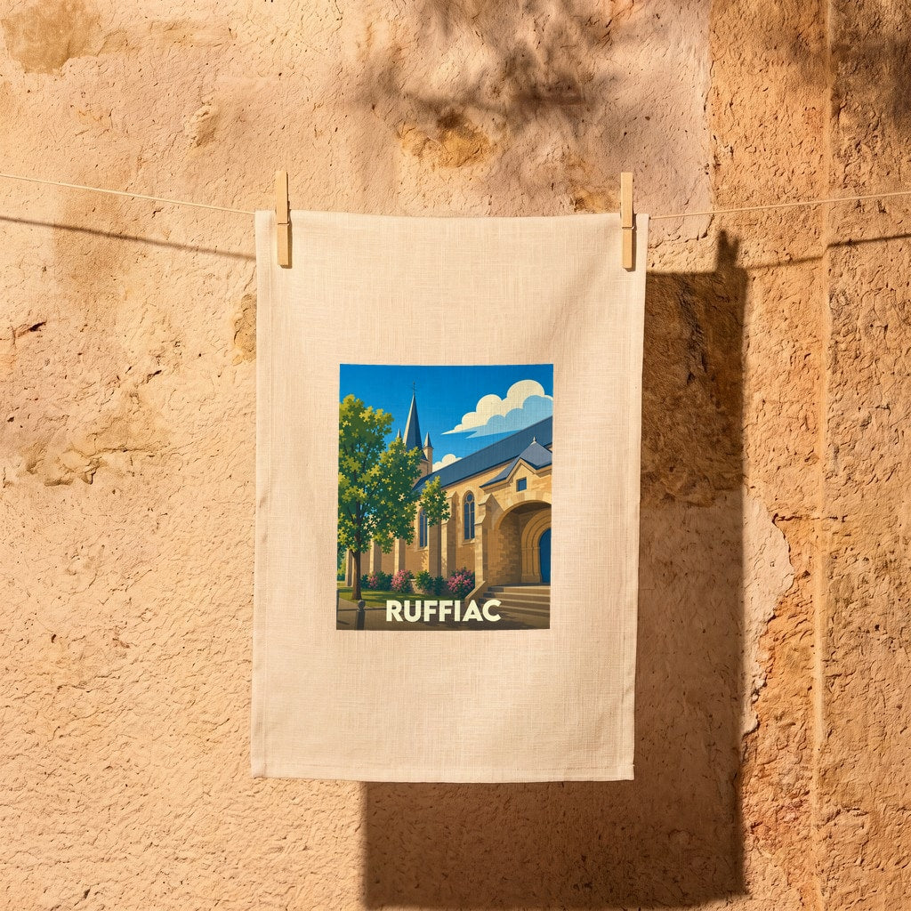 Torchon souvenir de la ville de Ruffiac illustré d'une vue stylisée de son église.